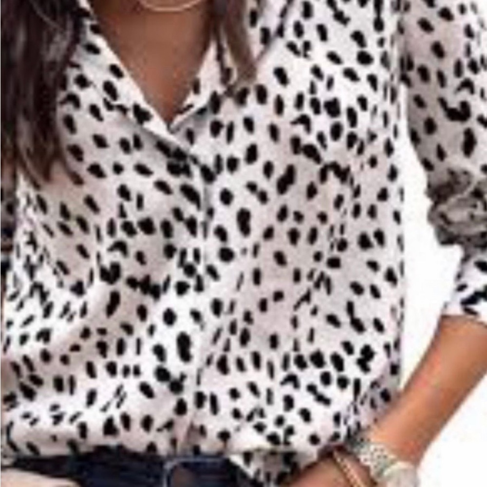 Classic Black & White Spot Print Button-Up Top